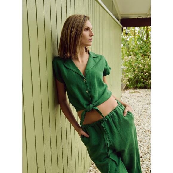 New Nation Ltd Los Angeles Noemi Tie Top Linen Crop Lawn Green Small Blouse - Picture 2 of 11